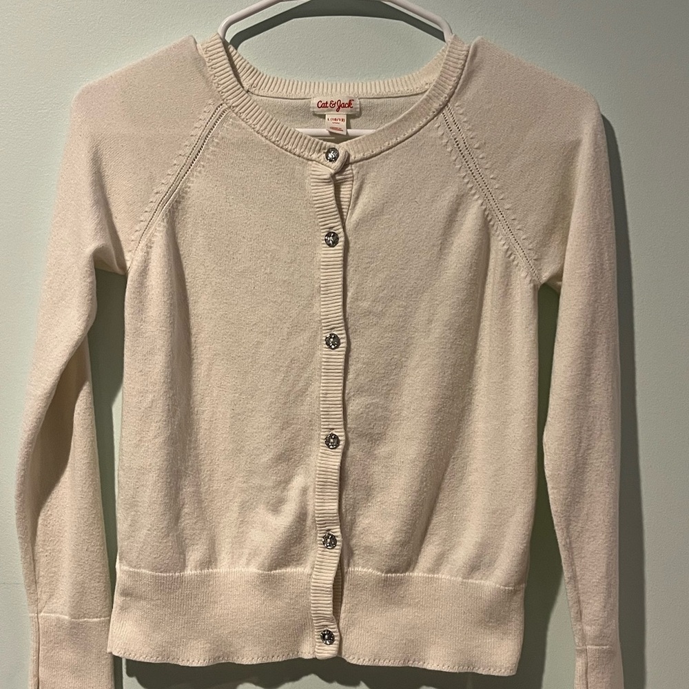 Cat & Jack Girls White Decorative Button Down Cardigan Sweater, Size L (10/12)